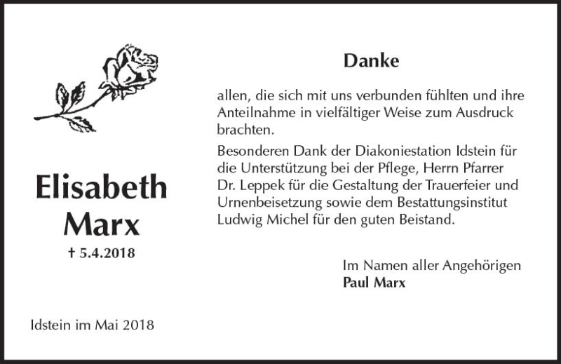 Traueranzeige für Elisabeth Marx vom 05.05.2018 aus Trauerportal Rhein Main Presse