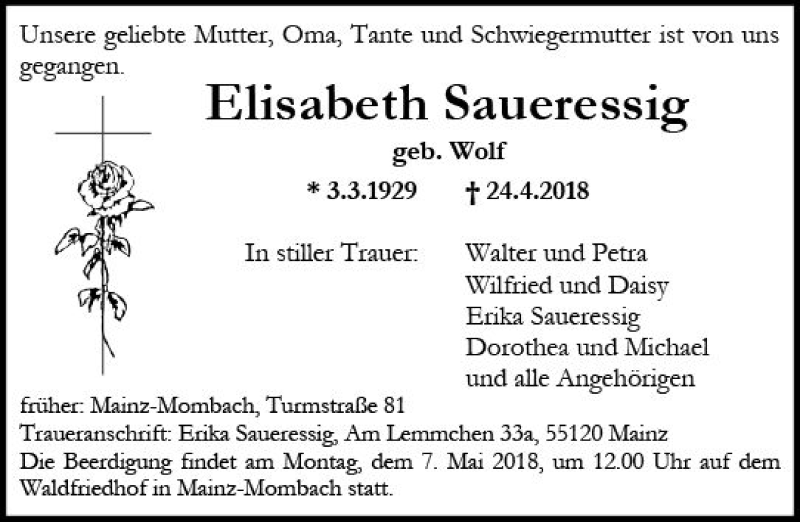  Traueranzeige für Elisabeth Saueressig vom 05.05.2018 aus Trauerportal Rhein Main Presse