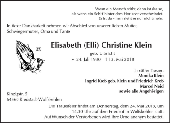 Traueranzeige von Elisabeth Christine Klein von Trauerportal Rhein Main Presse