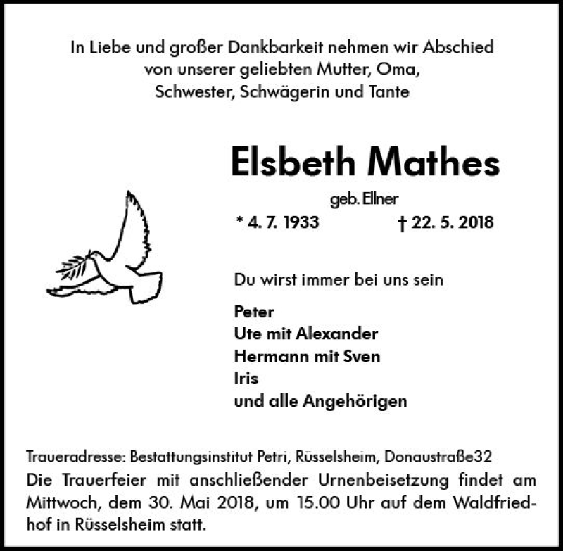 Traueranzeige für Elsbeth Mathes vom 26.05.2018 aus Trauerportal Rhein Main Presse