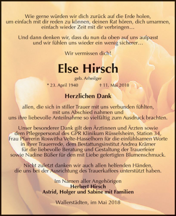 Traueranzeige von Else Hirsch von Trauerportal Rhein Main Presse