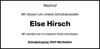 Traueranzeige von Else Hirsch von Trauerportal Rhein Main Presse