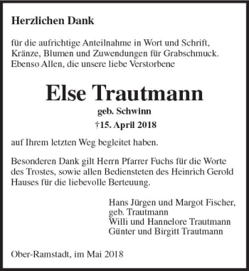 Traueranzeige von Else Trautmann von Trauerportal Rhein Main Presse