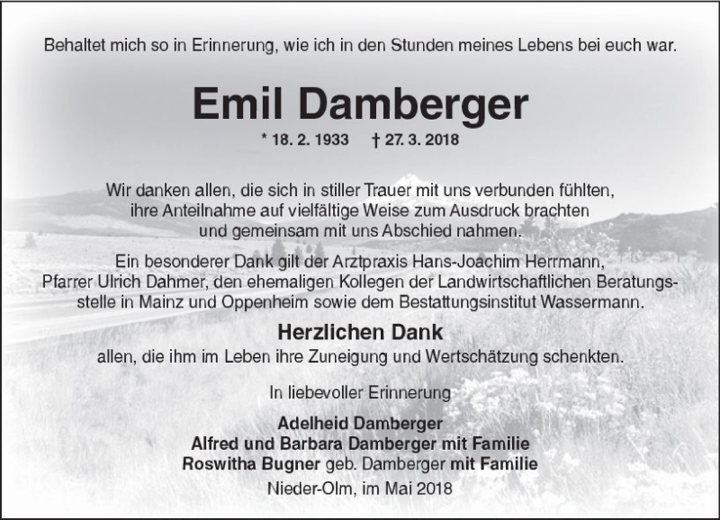  Traueranzeige für Emil Damberger vom 12.05.2018 aus Trauerportal Rhein Main Presse