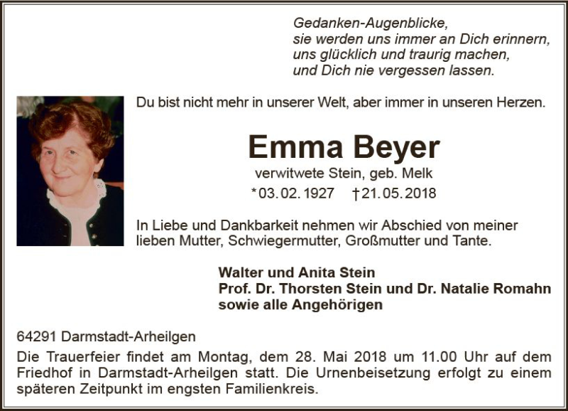 Traueranzeige für Emma Beyer vom 26.05.2018 aus Trauerportal Rhein Main Presse