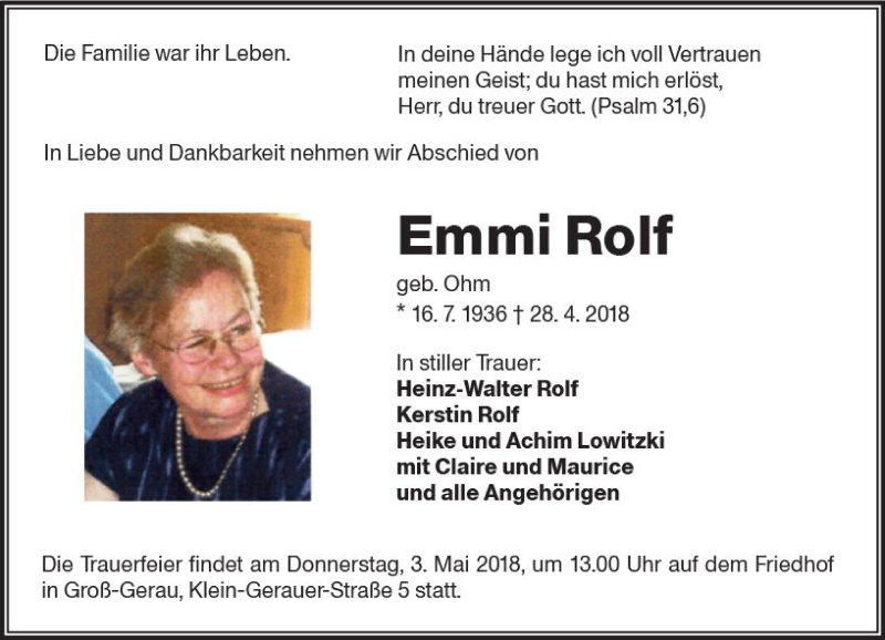 Traueranzeige für Emmi Rolf vom 02.05.2018 aus Trauerportal Rhein Main Presse