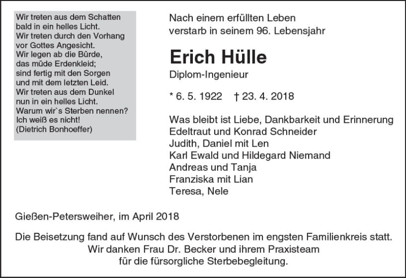  Traueranzeige für Erich Hülle vom 05.05.2018 aus  Gießener Anzeiger