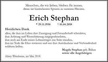 Traueranzeige von Erich Stephan von Trauerportal Rhein Main Presse