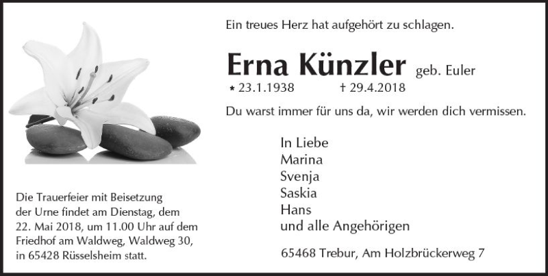  Traueranzeige für Erna Künzler vom 05.05.2018 aus Trauerportal Rhein Main Presse