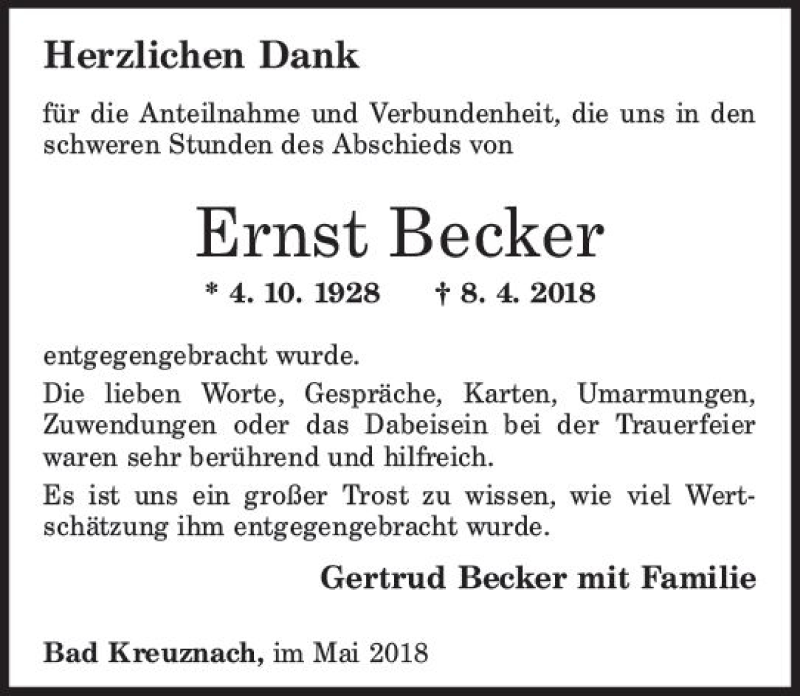  Traueranzeige für Ernst Becker vom 05.05.2018 aus Trauerportal Rhein Main Presse