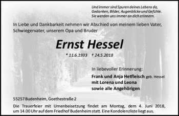 Traueranzeige von Ernst Hessel von Trauerportal Rhein Main Presse