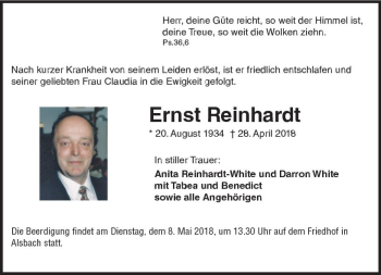 Traueranzeige von Ernst Reinhardt von Trauerportal Rhein Main Presse