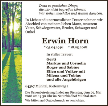 Traueranzeige von Erwin Horn von Trauerportal Rhein Main Presse