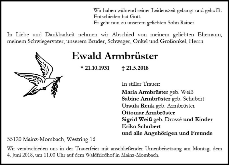  Traueranzeige für Ewald Armbrüster vom 26.05.2018 aus Trauerportal Rhein Main Presse