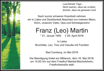 Traueranzeige von Franz Martin von  Camberger Anzeiger
