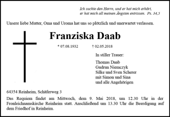 Traueranzeige von Franziska Daab von Trauerportal Rhein Main Presse