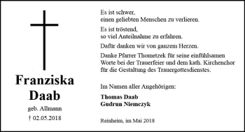 Traueranzeige von Franziska Daab von Trauerportal Rhein Main Presse
