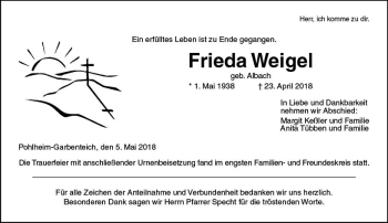 Traueranzeige von Frieda Weigel von  Gießener Anzeiger