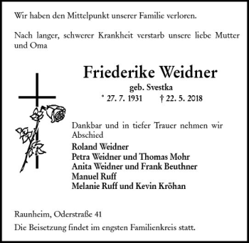 Traueranzeige von Friederike Weidner von Trauerportal Rhein Main Presse
