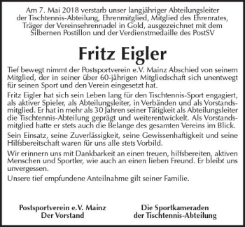Traueranzeige von Fritz Eigler von Trauerportal Rhein Main Presse