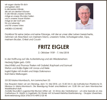 Traueranzeige von Fritz Eigler von Trauerportal Rhein Main Presse