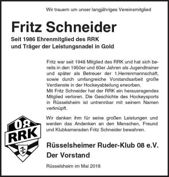 Traueranzeige von Fritz Schneider von Trauerportal Rhein Main Presse