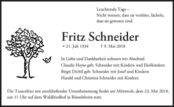 Traueranzeige von Fritz Schneider von Trauerportal Rhein Main Presse