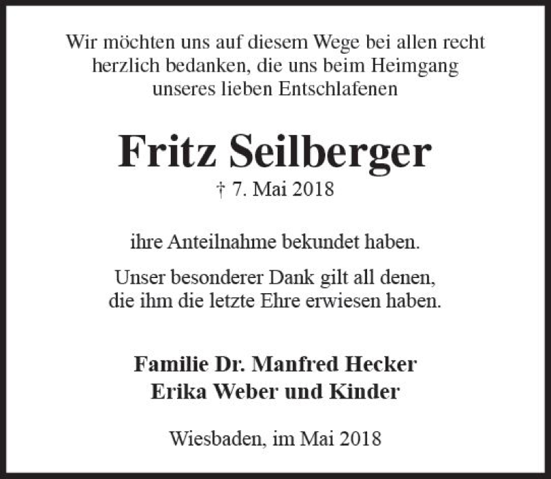  Traueranzeige für Fritz Seilberger vom 26.05.2018 aus Trauerportal Rhein Main Presse