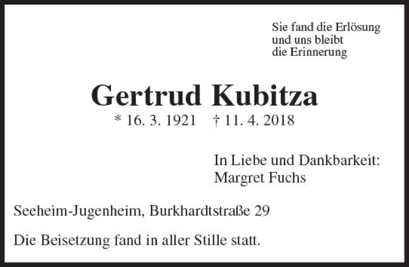  Traueranzeige für Gertrud Kubitza vom 12.05.2018 aus Trauerportal Rhein Main Presse