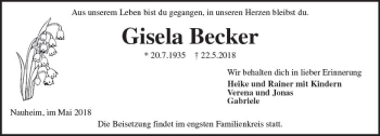 Traueranzeige von Gisela Becker von Trauerportal Rhein Main Presse