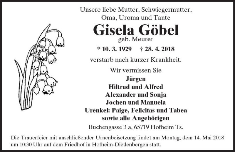  Traueranzeige für Gisela Göbel vom 04.05.2018 aus Trauerportal Rhein Main Presse