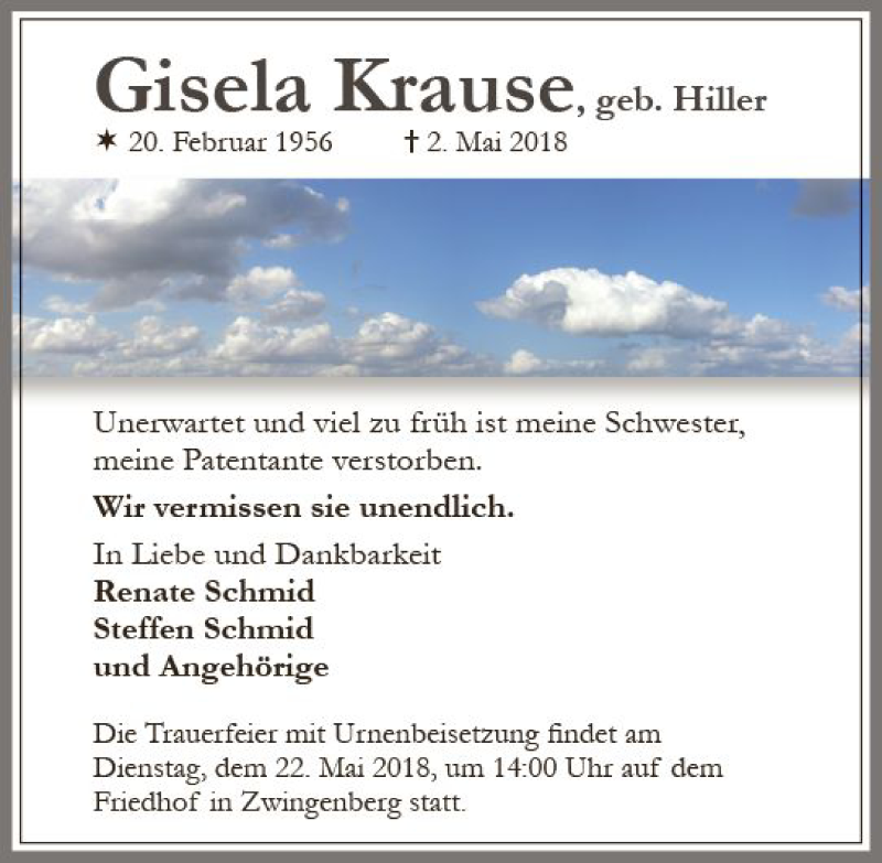  Traueranzeige für Gisela Krause vom 16.05.2018 aus Trauerportal Rhein Main Presse