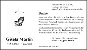 Traueranzeige von Gisela Martin von  Kreisanzeiger