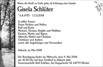 Traueranzeige von Gisela Schlüter von Trauerportal Rhein Main Presse