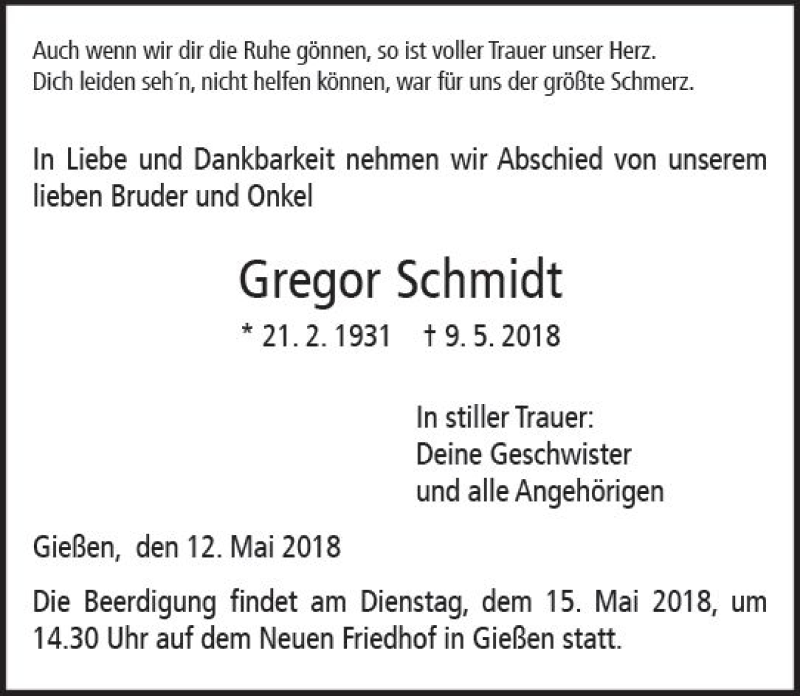  Traueranzeige für Gregor Schmidt vom 12.05.2018 aus  Gießener Anzeiger