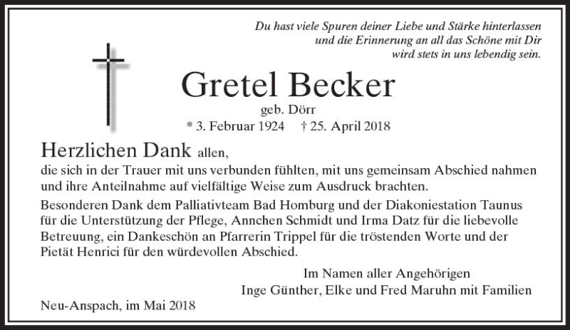  Traueranzeige für Gretel Becker vom 16.05.2018 aus  Usinger Anzeiger