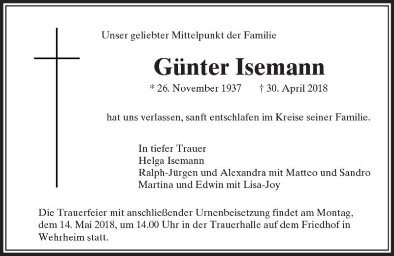  Traueranzeige für Günter Isemann vom 09.05.2018 aus  Usinger Anzeiger