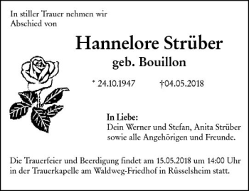 Traueranzeige von Hannelore Strüber von Trauerportal Rhein Main Presse