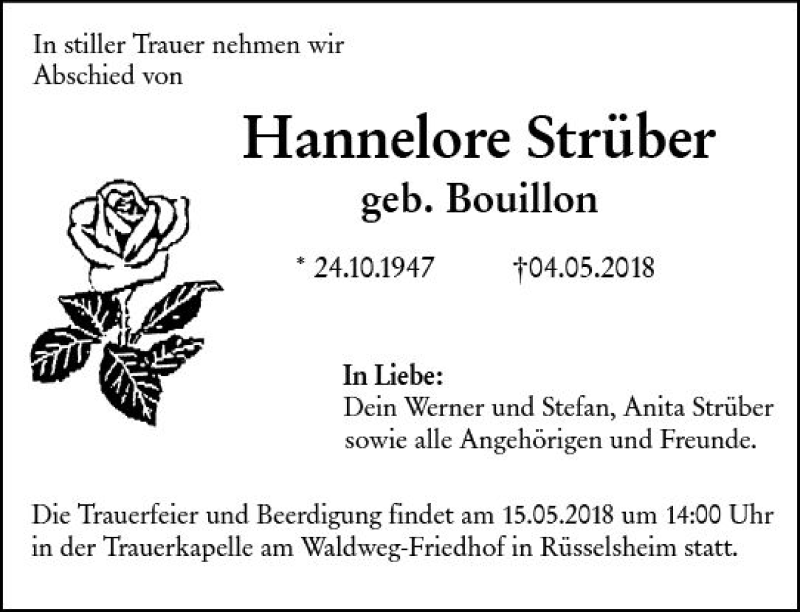  Traueranzeige für Hannelore Strüber vom 12.05.2018 aus Trauerportal Rhein Main Presse