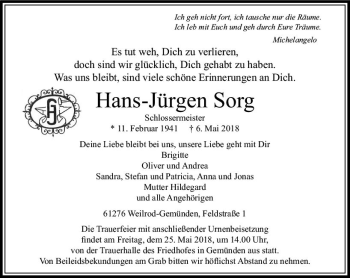 Traueranzeige von Hans-Jürgen Sorg von  Usinger Anzeiger