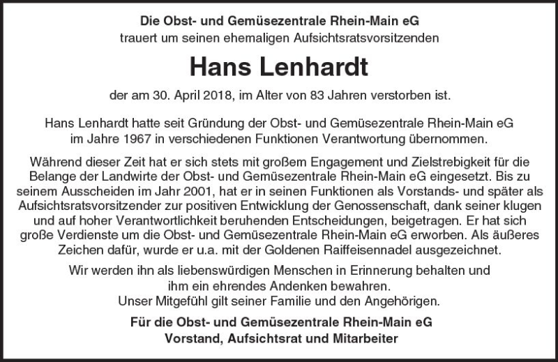  Traueranzeige für Hans Lenhardt vom 05.05.2018 aus Trauerportal Rhein Main Presse