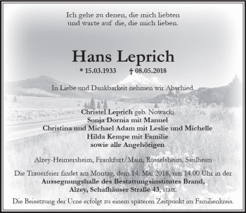 Traueranzeige von Hans Leprich von Trauerportal Rhein Main Presse