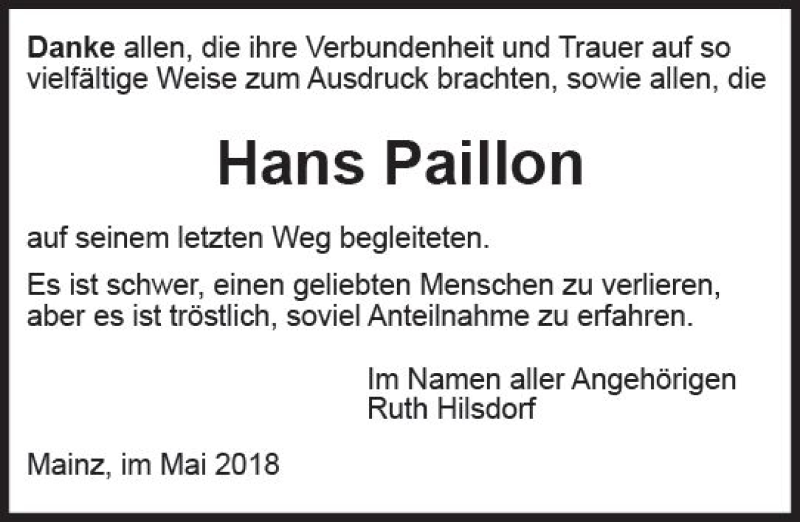  Traueranzeige für Hans Paillon vom 05.05.2018 aus Trauerportal Rhein Main Presse