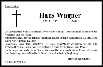 Traueranzeige von Hans Wagner von VRM Trauer