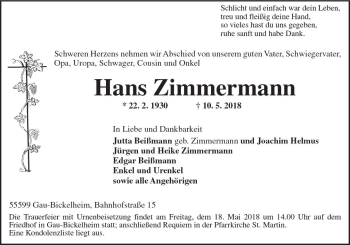 Traueranzeige von Hans Zimmermann von Trauerportal Rhein Main Presse