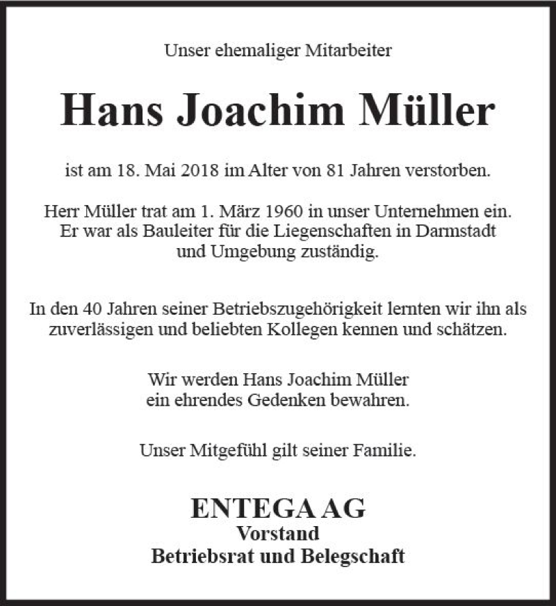  Traueranzeige für Hans Joachim Müller vom 26.05.2018 aus Trauerportal Rhein Main Presse