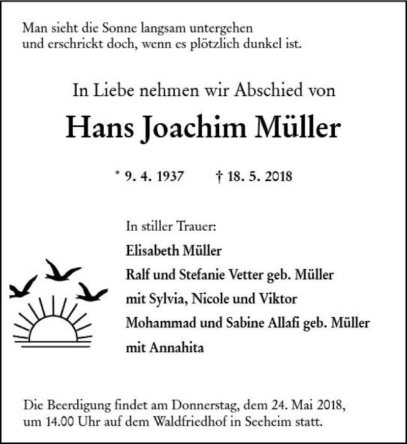  Traueranzeige für Hans Joachim Müller vom 23.05.2018 aus Trauerportal Rhein Main Presse