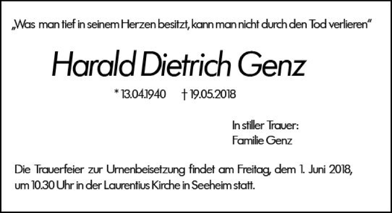  Traueranzeige für Harald Dietrich Genz vom 26.05.2018 aus Trauerportal Rhein Main Presse