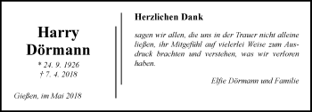 Traueranzeige von Harry Dörmann von  Gießener Anzeiger