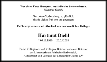 Traueranzeige von Hartmut Diehl von  Gießener Anzeiger